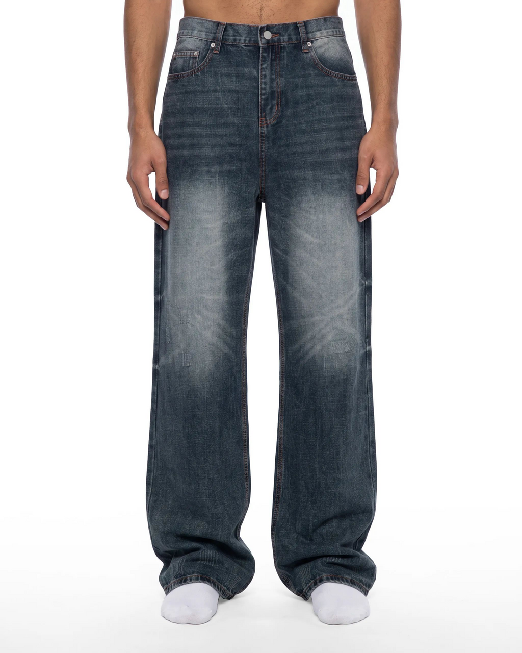 Belarté Men’s Washed Wide Leg Denim Jeans - faded wash detail
