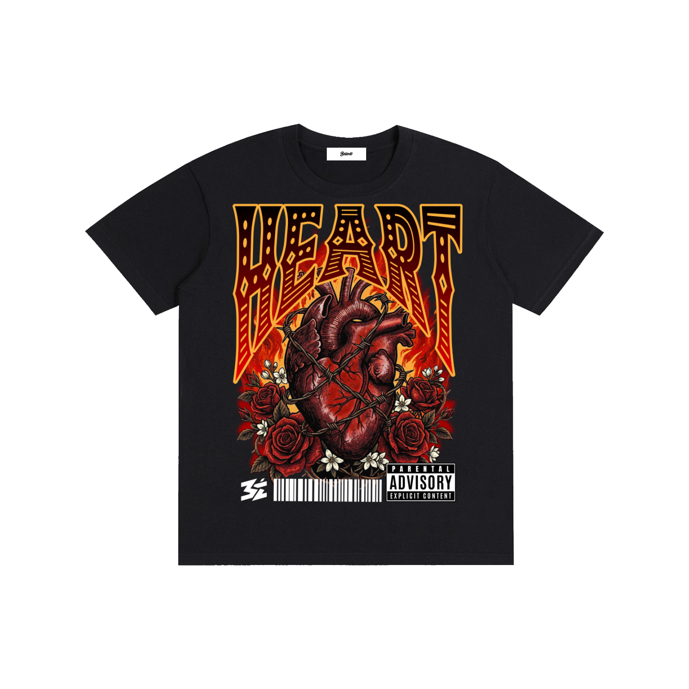 burning heart graphic,burning heart,anatomical heart,flaming heart,barbed wire heart,tattoo style heart,gothic heart design,dark streetwear graphic,rose heart illustration,rock style artwork