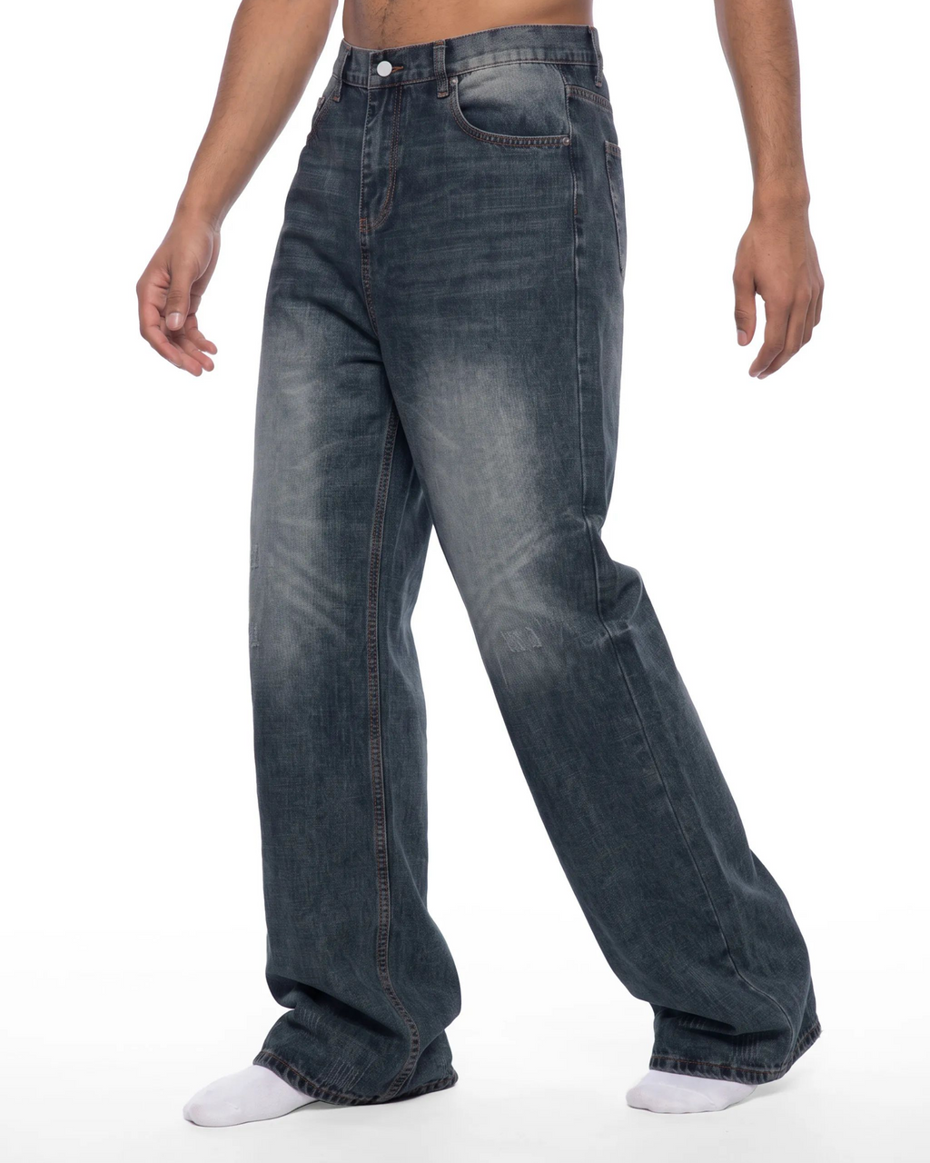 Belarté Men’s Washed Wide Leg Denim Jeans - pocket and waist detail