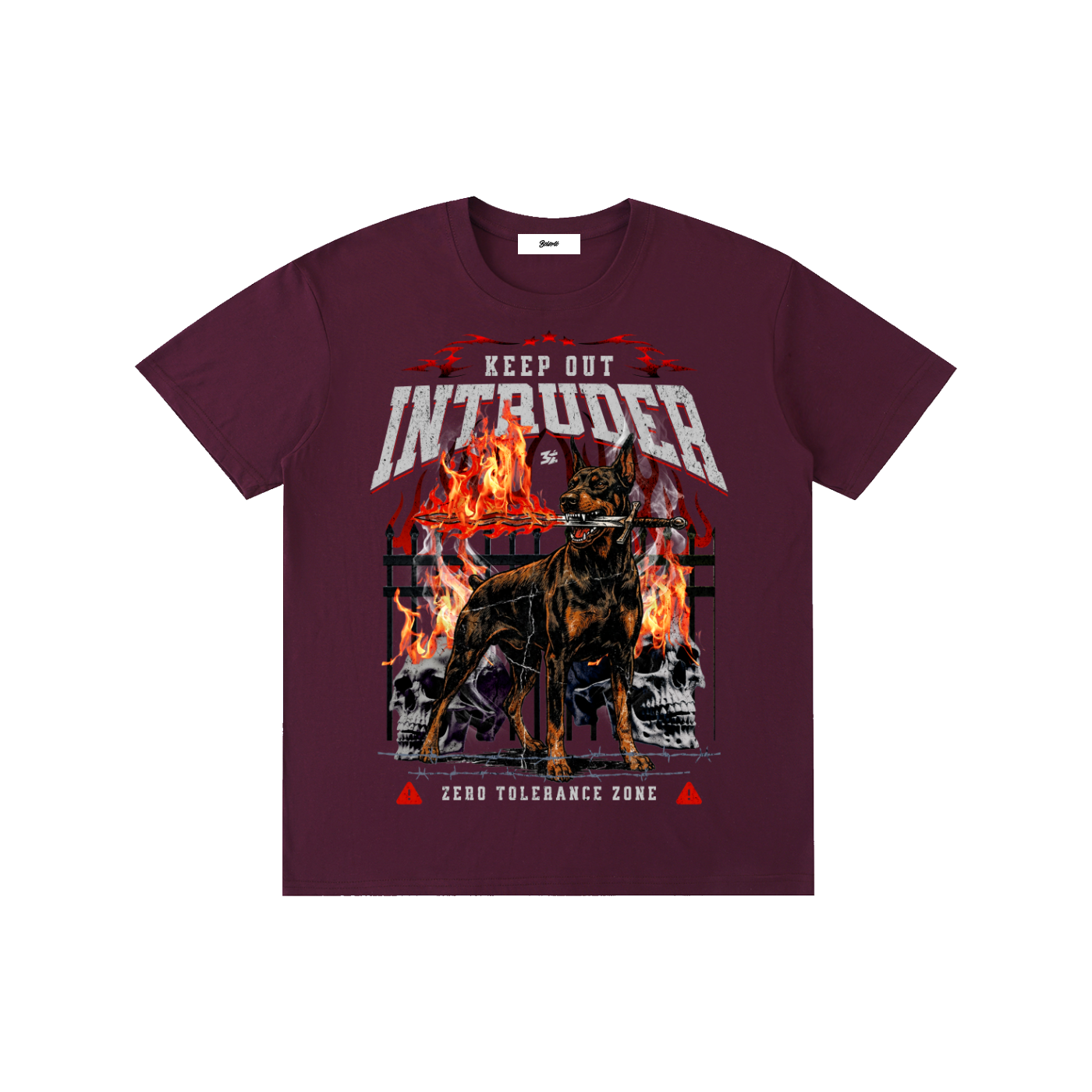 doberman,doberman graphic,doberman streetwear,dark streetwear,flaming sword,guard dog,skull graphic,gothic fashion,edgy apparel,statement graphic