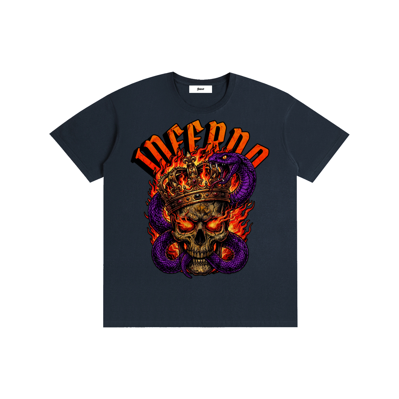 inferno skull crown,skull graphic,skull streetwear,gothic skull design,snake skull art,flaming skull graphic,dark streetwear design,tattoo style skull,metal aesthetic art,edgy skull illustration