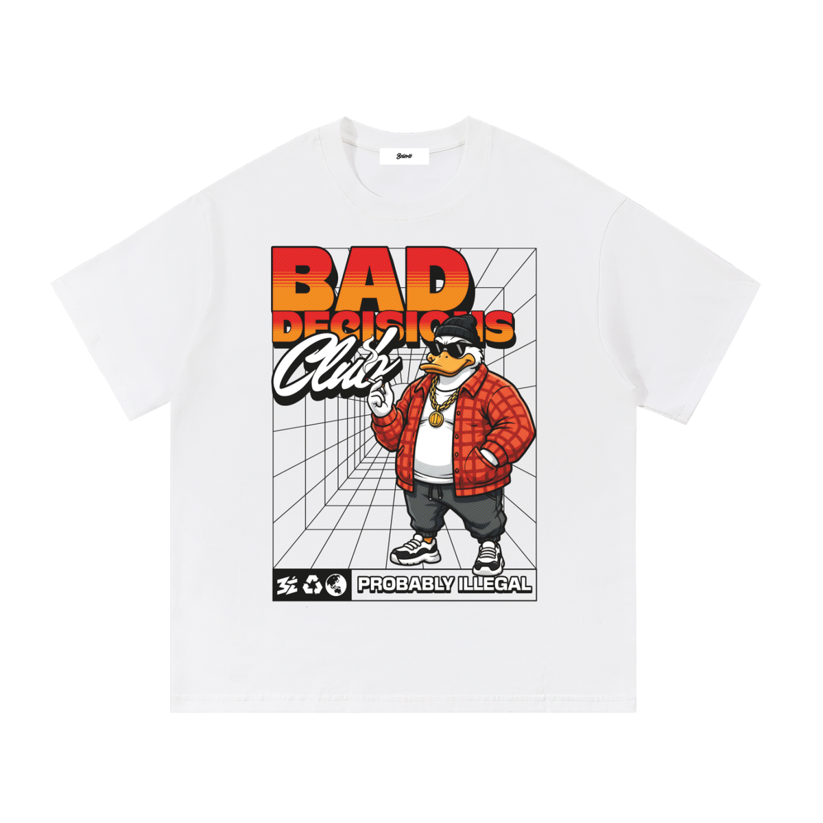White Belarté Bad Decisions Club T-shirt with cartoon duck and red jacket graphic, front