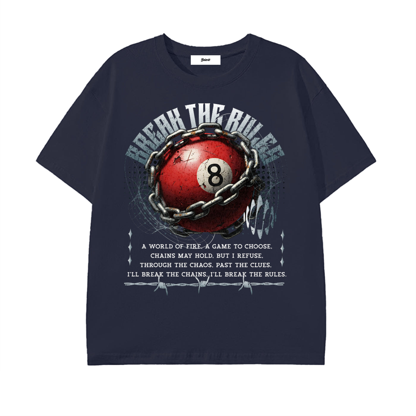 8 ball graphic,break the rules,chain illustration,rebellion design,streetwear graphic,billiards art,bold statement apparel,edgy graphic,urban fashion art,underground style