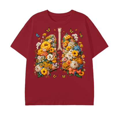 botanical art,floral lungs,nature design,artistic fashion,blooming flowers,symbolic shirt,mindful clothing,butterfly print,eco aesthetic,spring vibe
