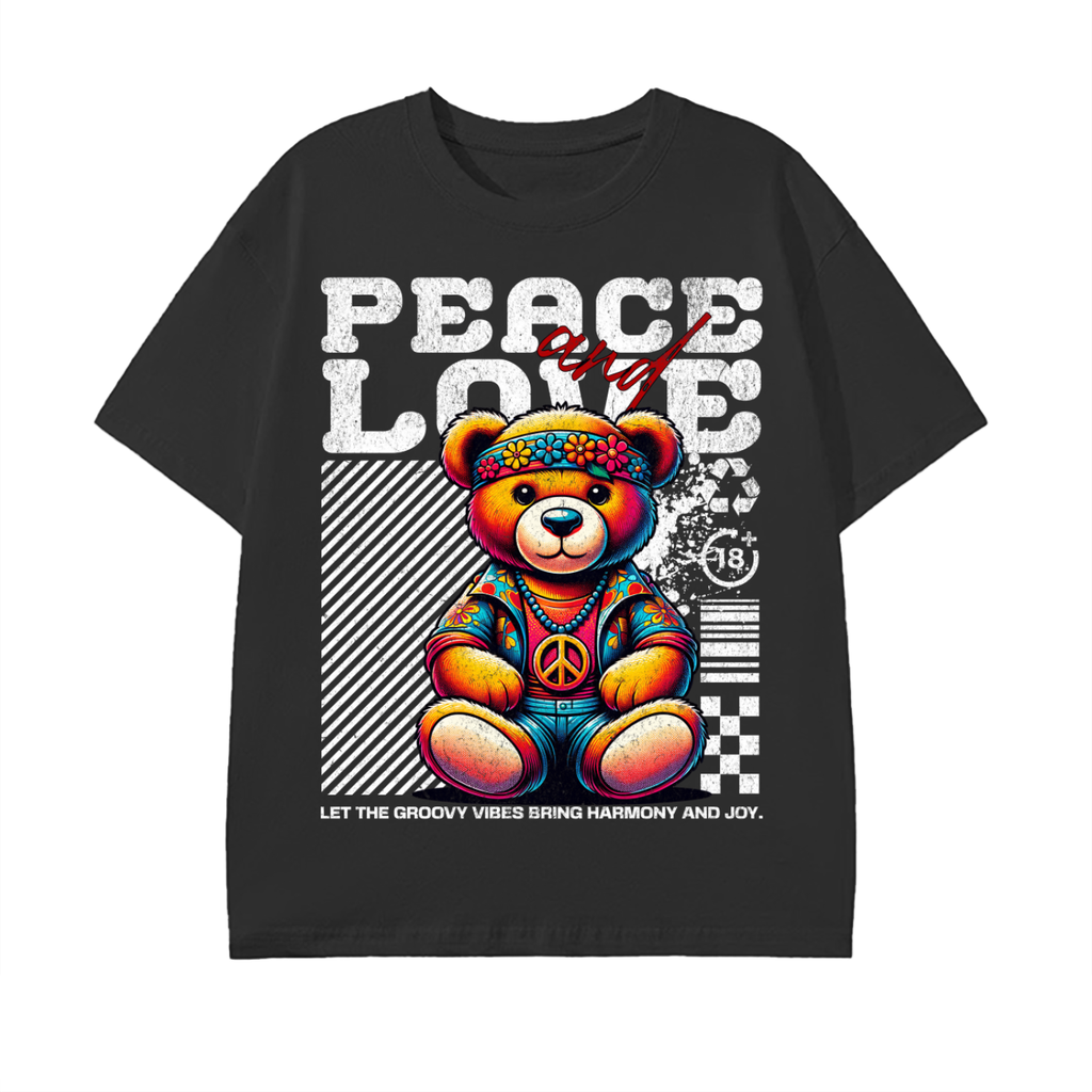 peace and love,retro teddy bear,vintage vibes,colorful streetwear,groovy fashion,hippie style,retro aesthetic,cool graphic shirt,70s inspired,peace symbol