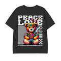 peace and love,retro teddy bear,vintage vibes,colorful streetwear,groovy fashion,hippie style,retro aesthetic,cool graphic shirt,70s inspired,peace symbol