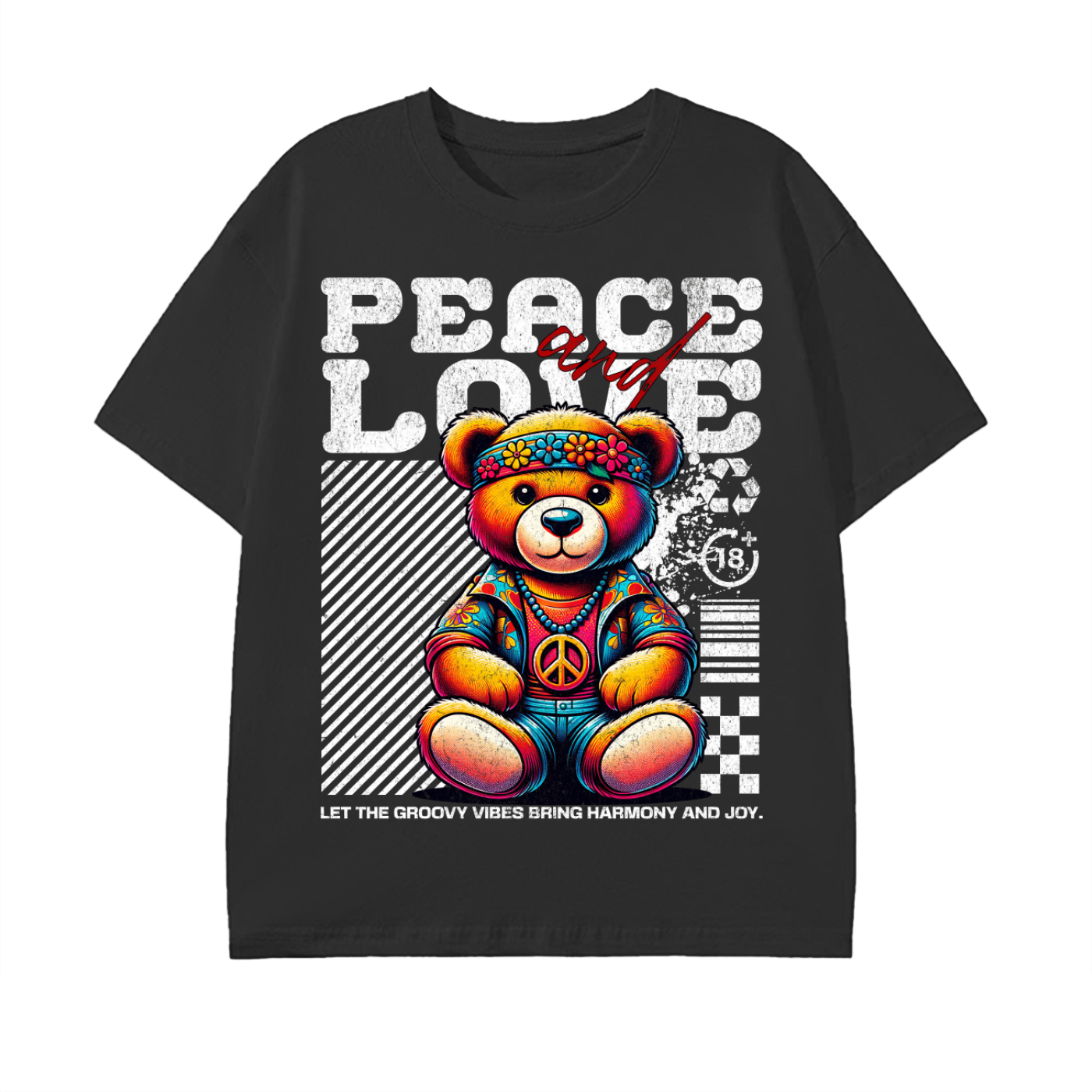 peace and love,retro teddy bear,vintage vibes,colorful streetwear,groovy fashion,hippie style,retro aesthetic,cool graphic shirt,70s inspired,peace symbol
