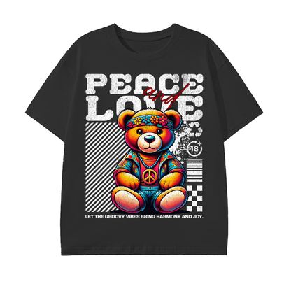 peace and love,retro teddy bear,vintage vibes,colorful streetwear,groovy fashion,hippie style,retro aesthetic,cool graphic shirt,70s inspired,peace symbol