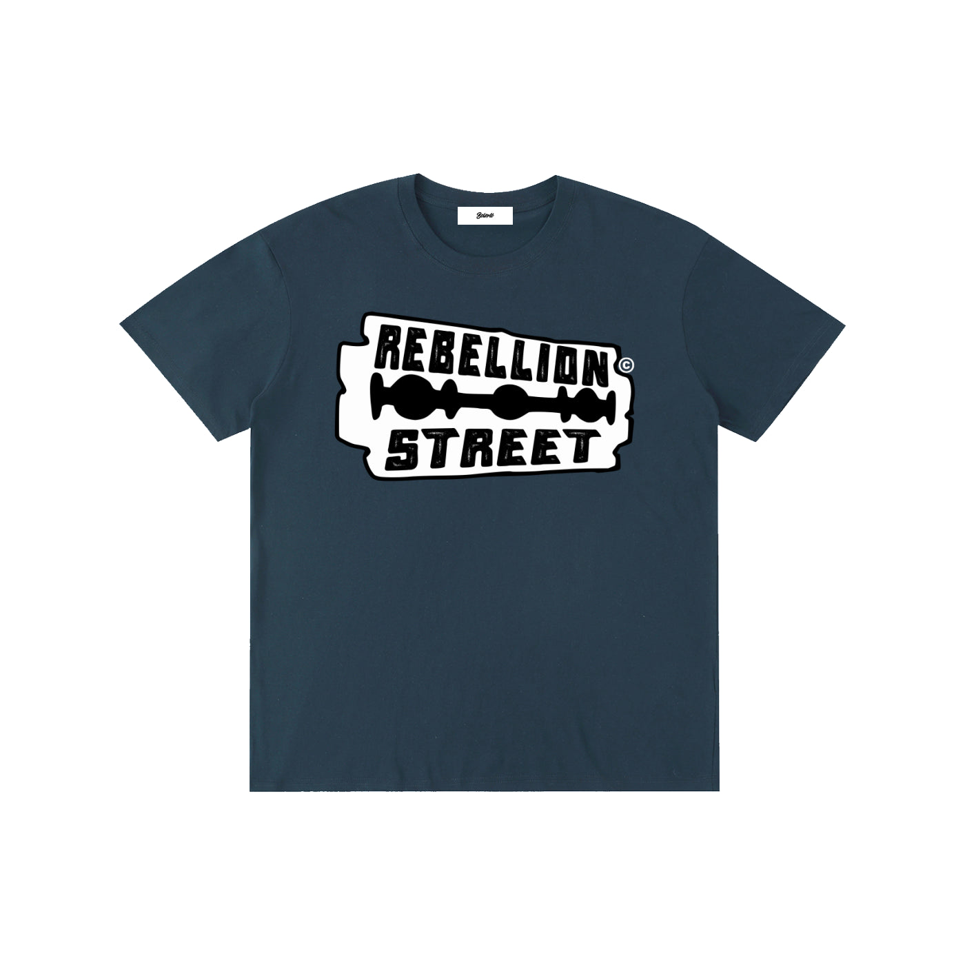 rebellion street graphic,streetwear graphic,urban style shirt,edgy typography design,rebellious fashion,minimalist street art,black white graphic,razor blade style art,bold street design,alternative fashion usa