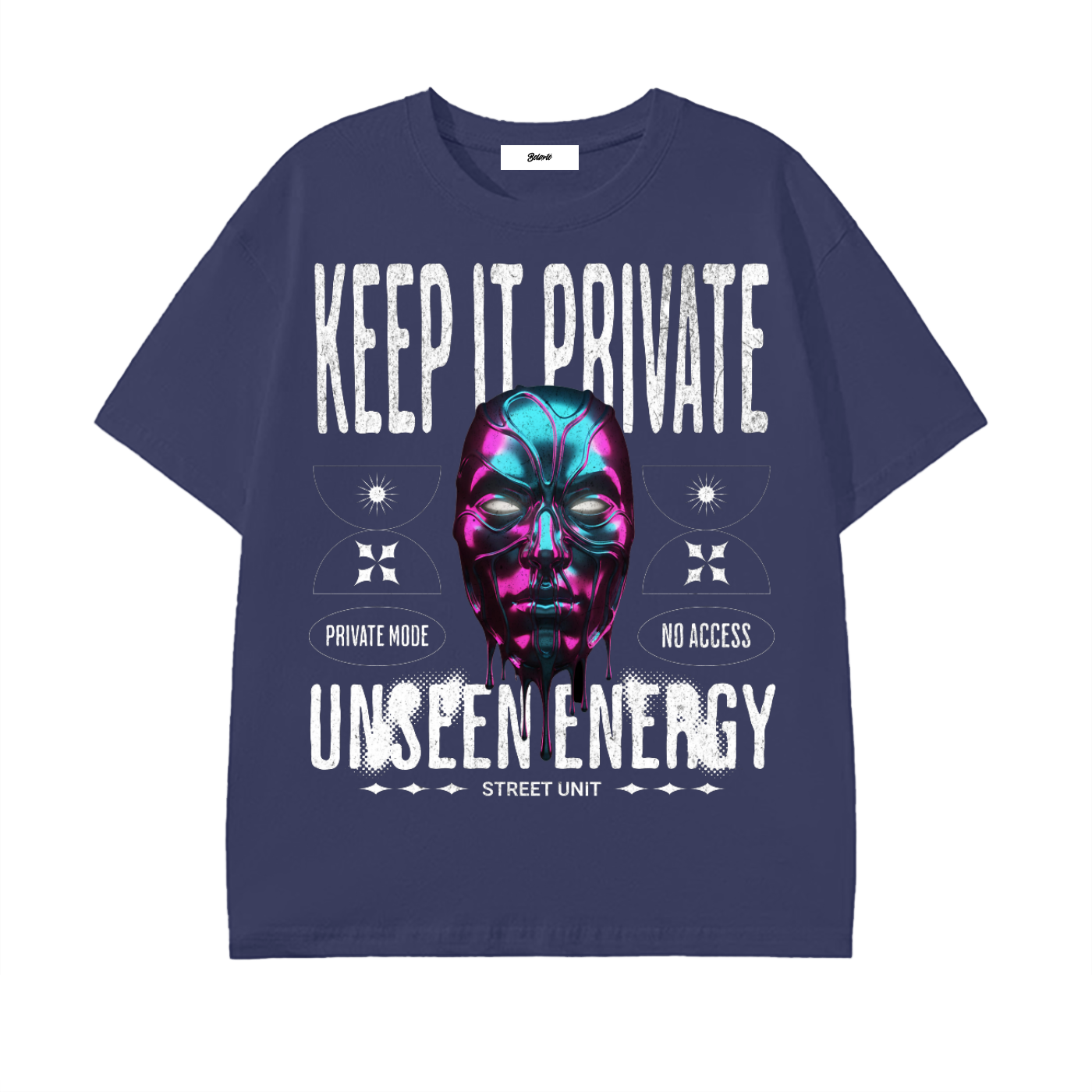 chrome mask shirt,keep it private shirt,metallic mask graphic,neon chrome art tee,privacy streetwear,private mode shirt,low profile street style,cyber street shirt,street unit clothing,unseen energy tee