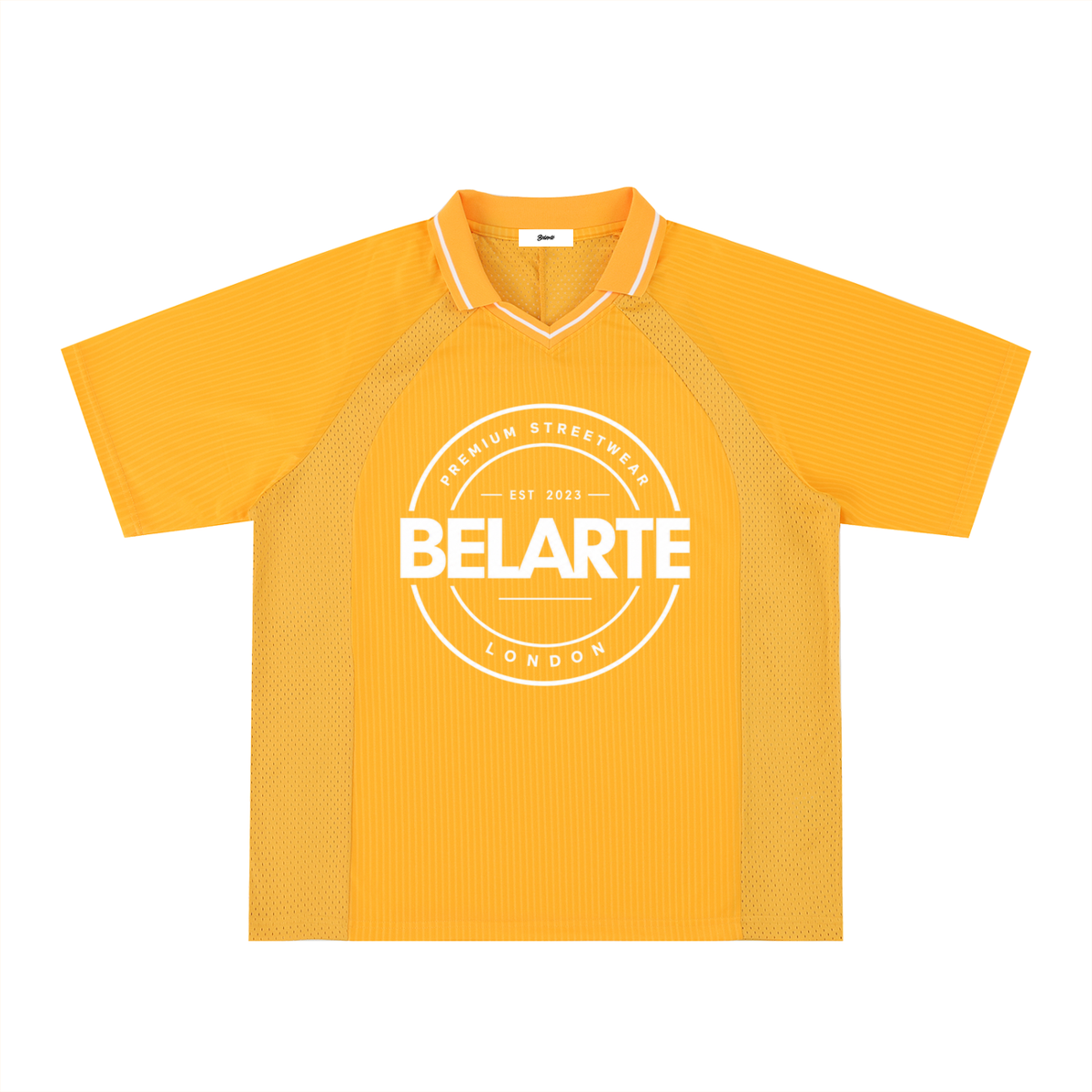 Gestreiftes Belarté London Fußballtrikot — gelb, Vorderseite mit rundem weißem Logo