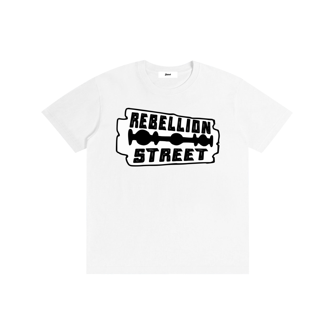 rebellion street graphic,streetwear graphic,urban style shirt,edgy typography design,rebellious fashion,minimalist street art,black white graphic,razor blade style art,bold street design,alternative fashion usa