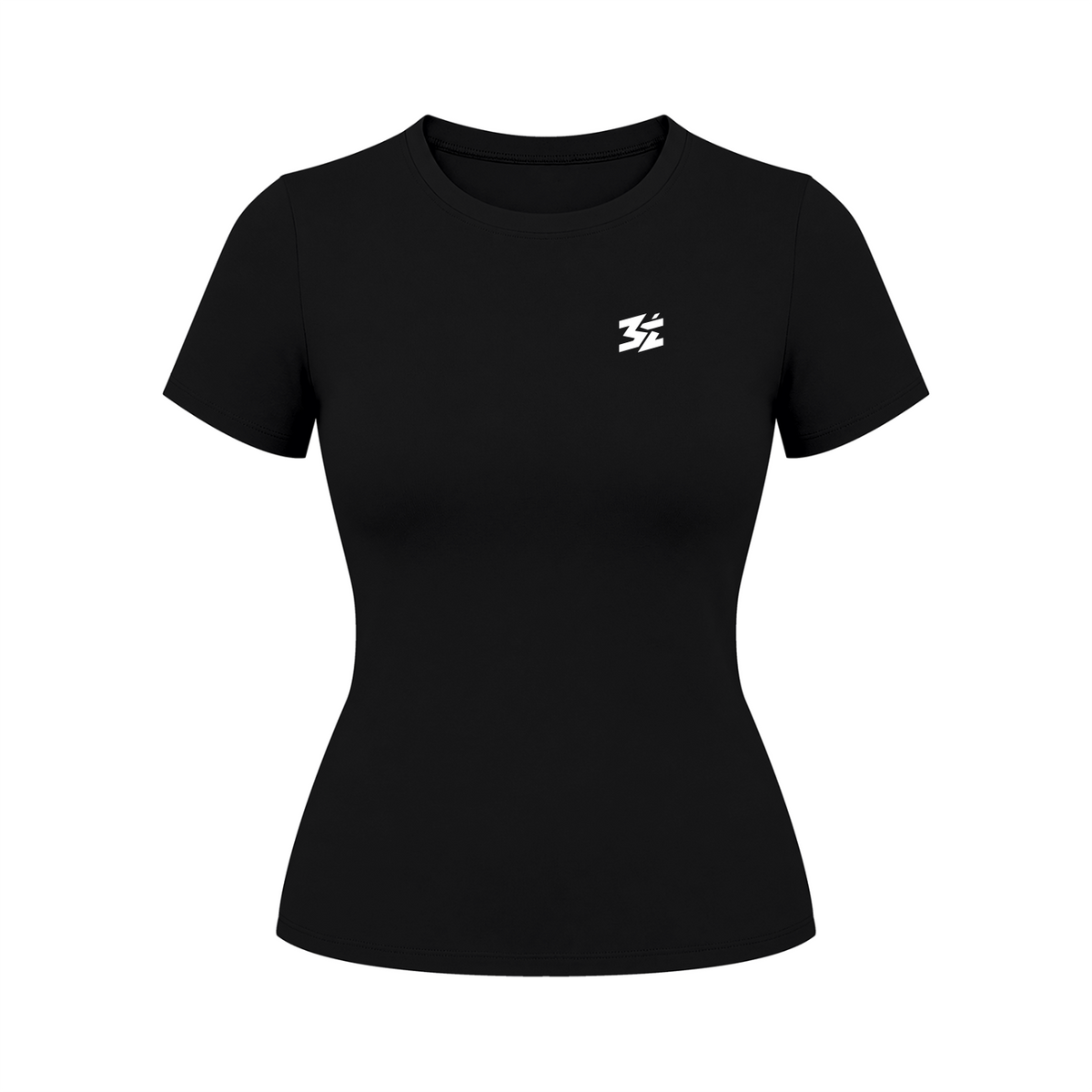 Black Belarté women's slim fit sports T-shirt, front with small white chest logo