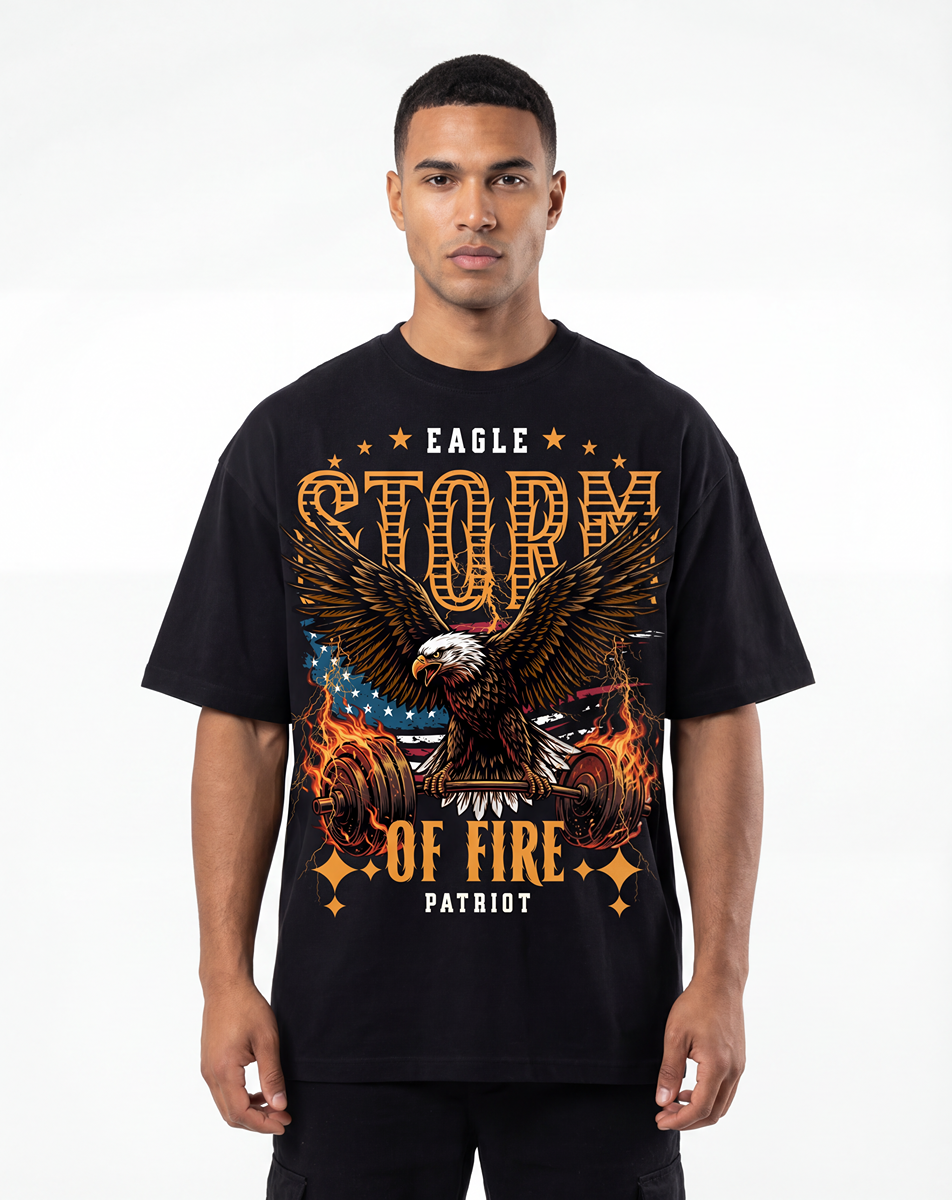 Patriotic Eagle Gym Graphic Storm Of Fire T-Shirt