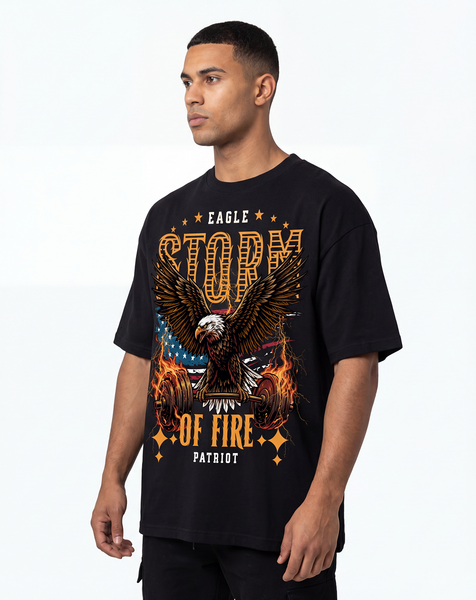 Patriotic Eagle Gym Graphic Storm Of Fire T-Shirt