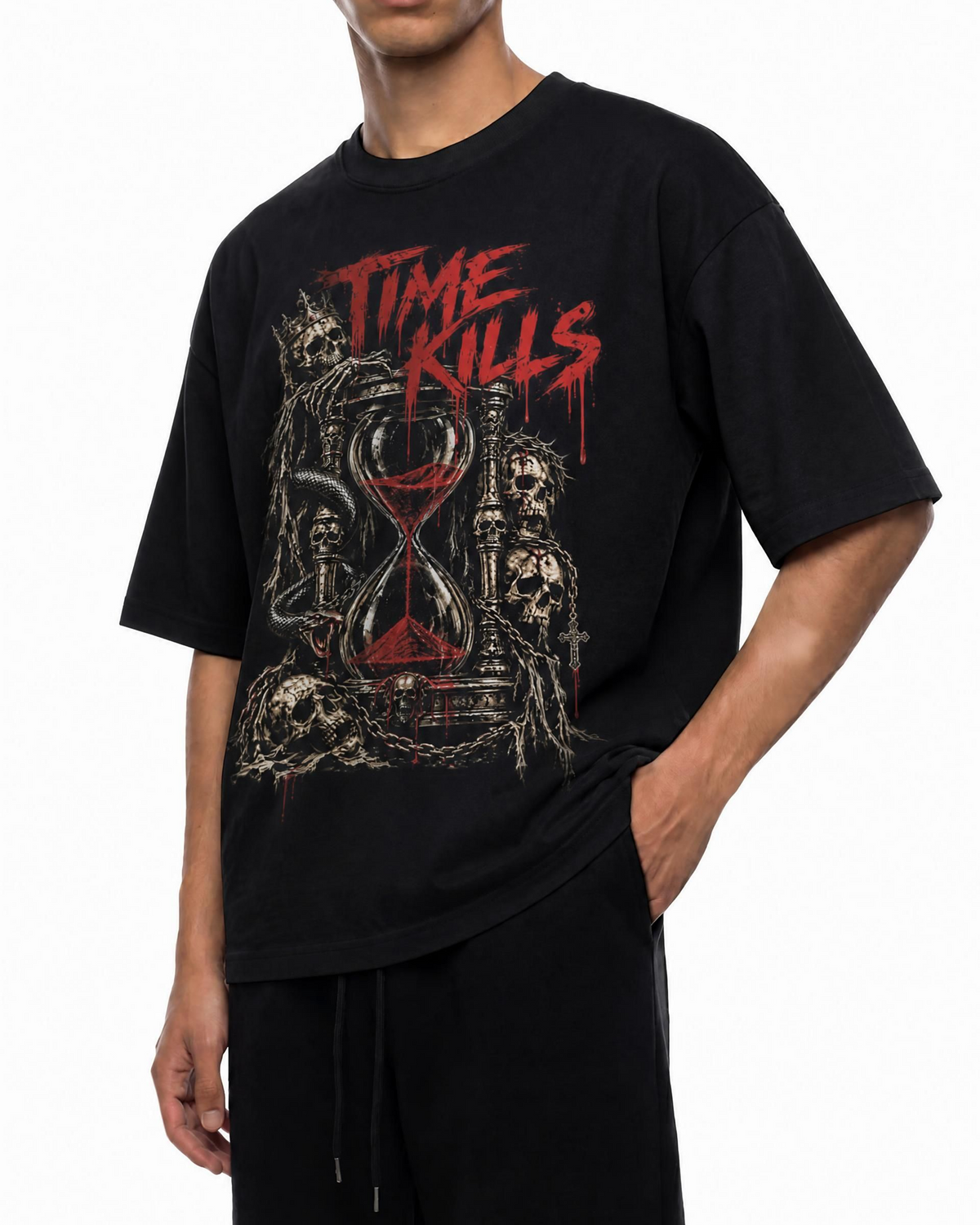 T-shirt graphique noir Belarté Time Kills - vue stylisée du produit