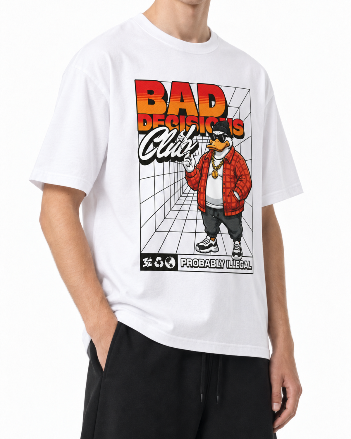 White Belarté Bad Decisions Club T-shirt styled with dark trousers