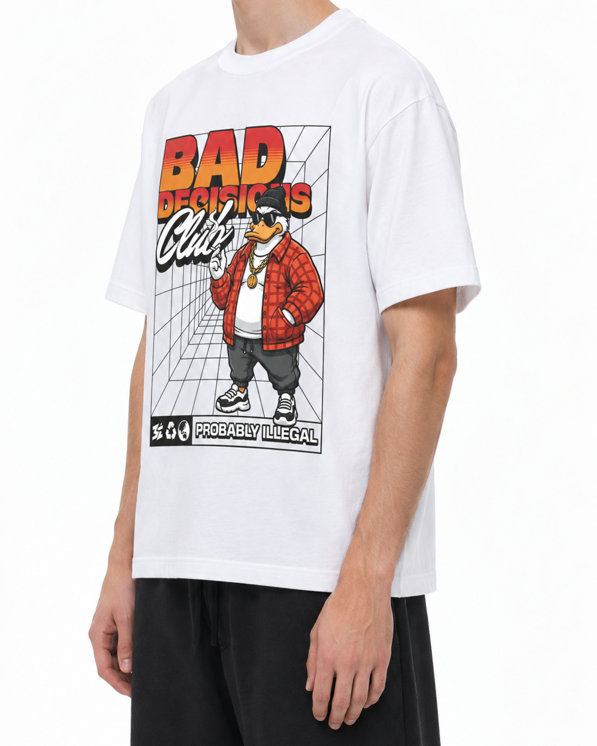 Weißes Belarté Bad Decisions Club T-Shirt am Model, schräge Vorderansicht