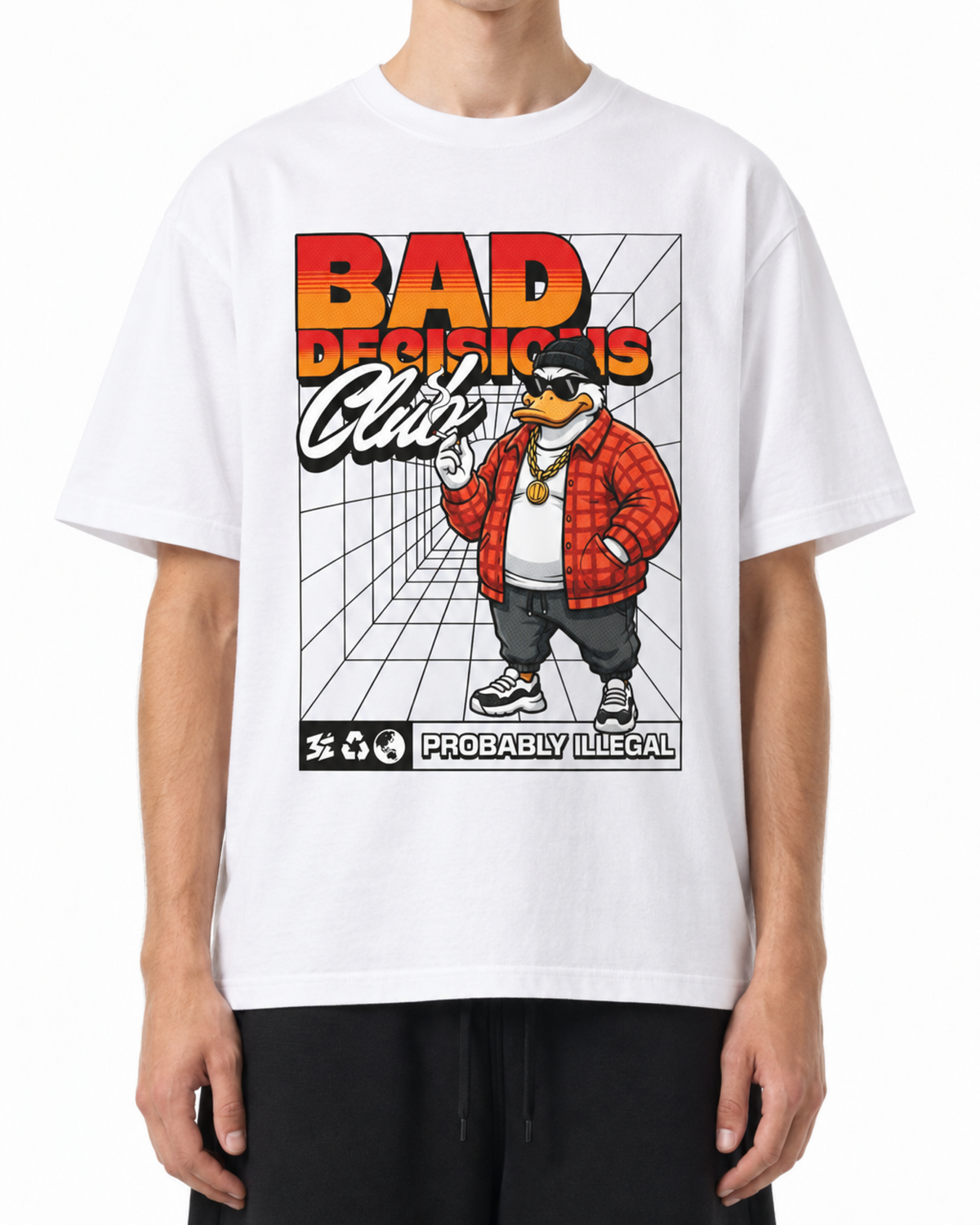 Model wearing the white Belarté Bad Decisions Club T-shirt, front view