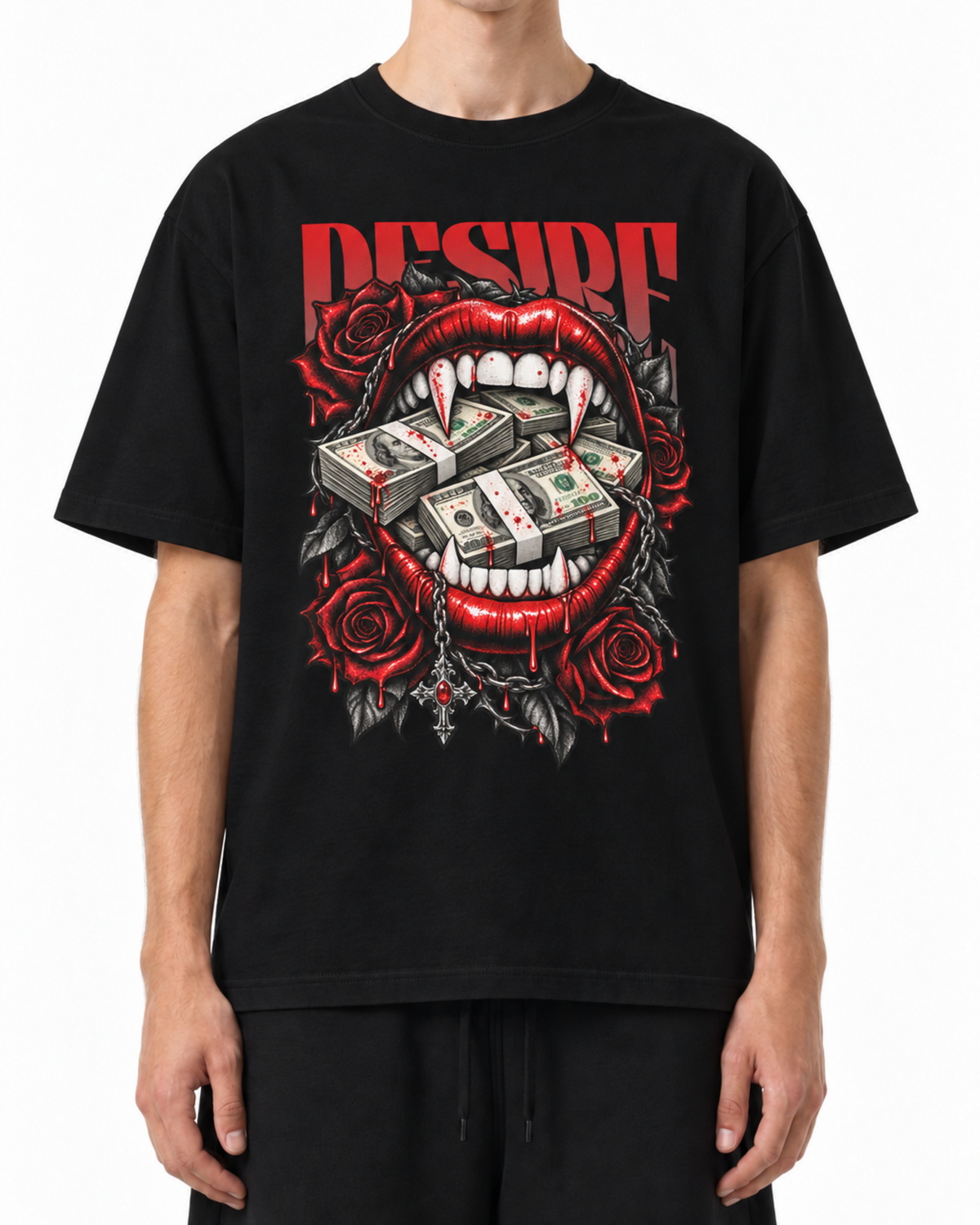 Model wearing the black Belarté Vamp Desire T-shirt, front view