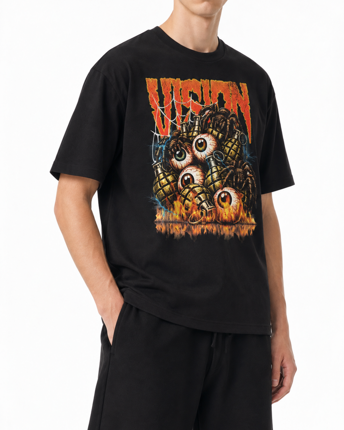 Black Belarté Vision graphic T-shirt on a model, three-quarter view