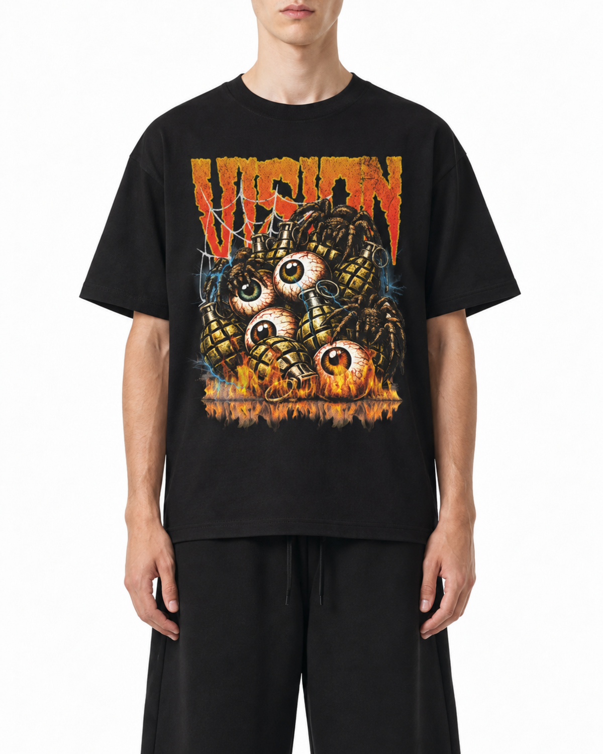 Black Belarté Vision graphic T-shirt worn by a model, front view