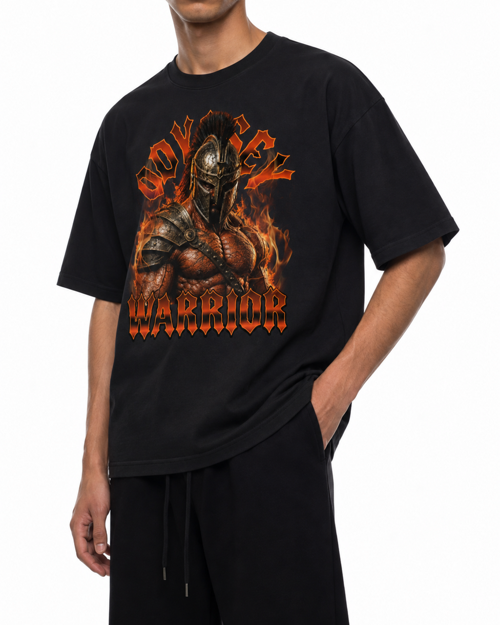 Angled view of the black Belarté Odyssey Warrior T-shirt on a model