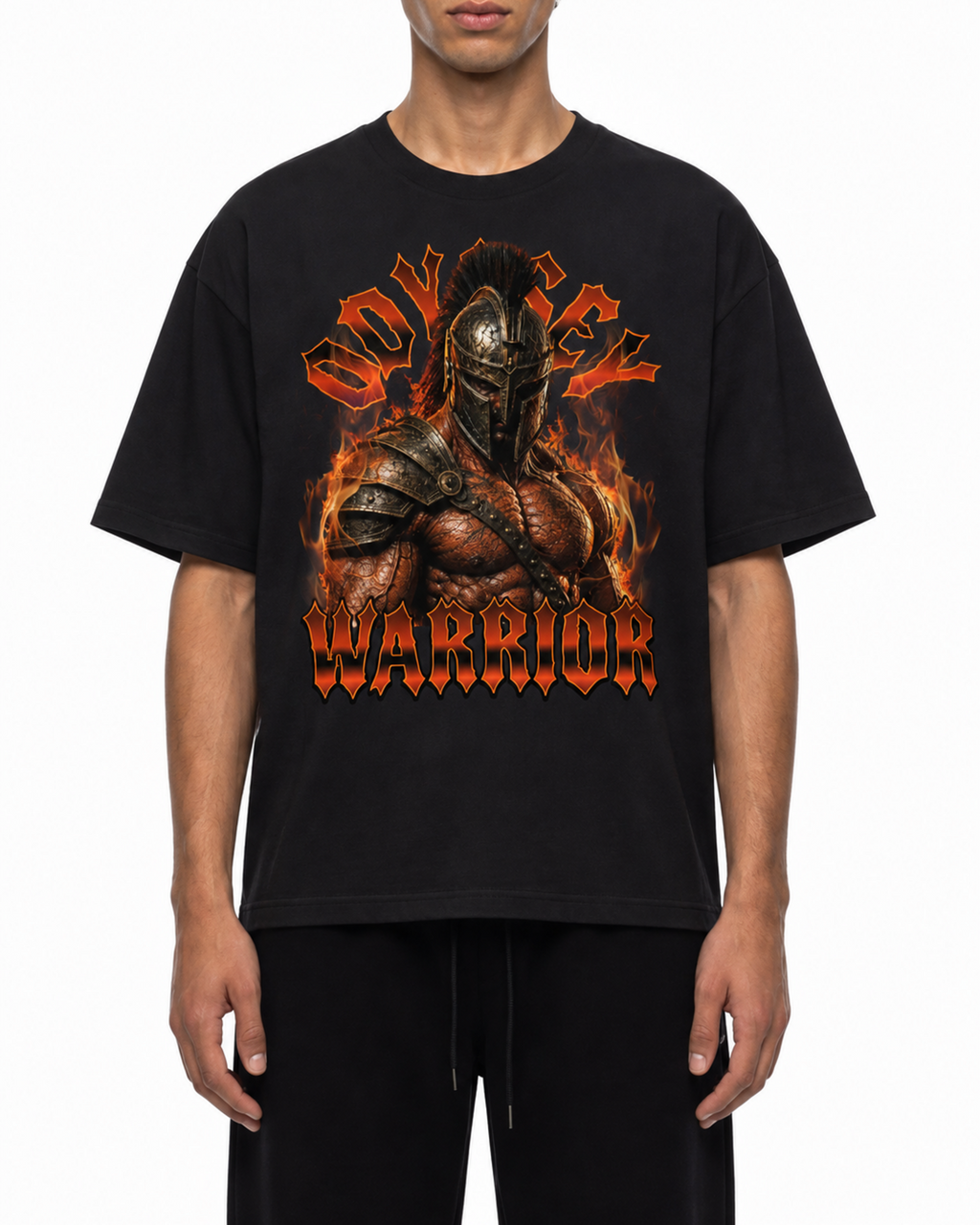 Black Belarté Odyssey Warrior T-shirt with armoured warrior graphic, front view on a model