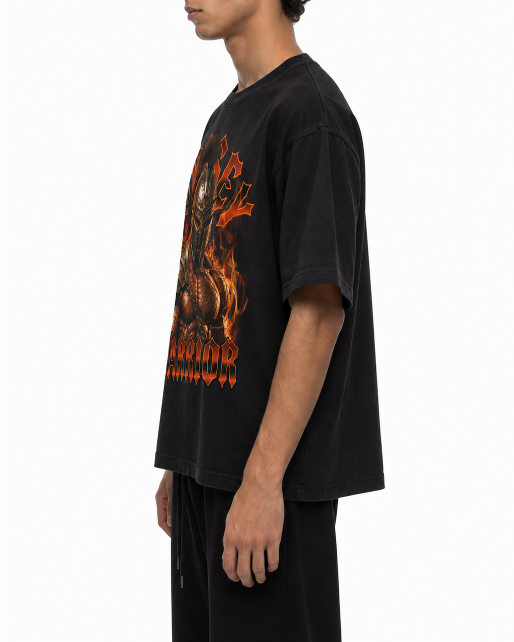 Side view of the black Belarté Odyssey Warrior graphic T-shirt on a model