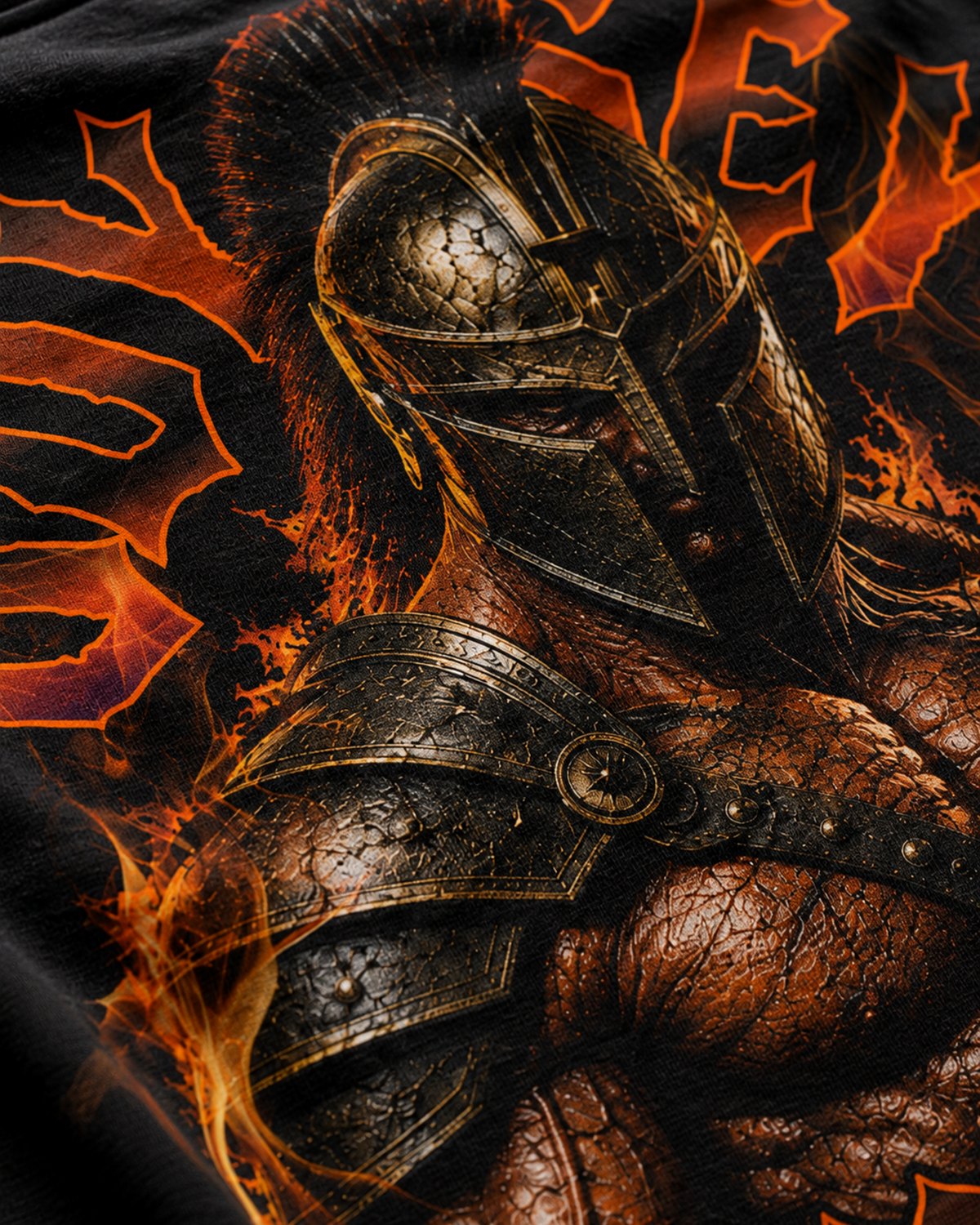 Close-up of the armoured warrior and orange flame artwork on the Belarté Odyssey Warrior T-shirt