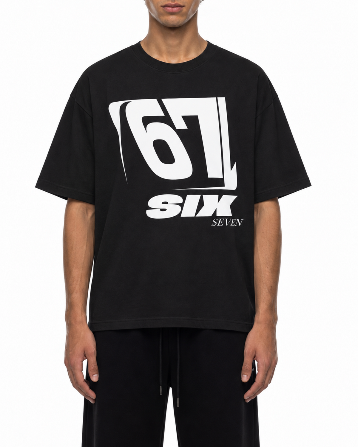 Black Belarté Six Seven T-shirt with white 67 graphic, front view on a model