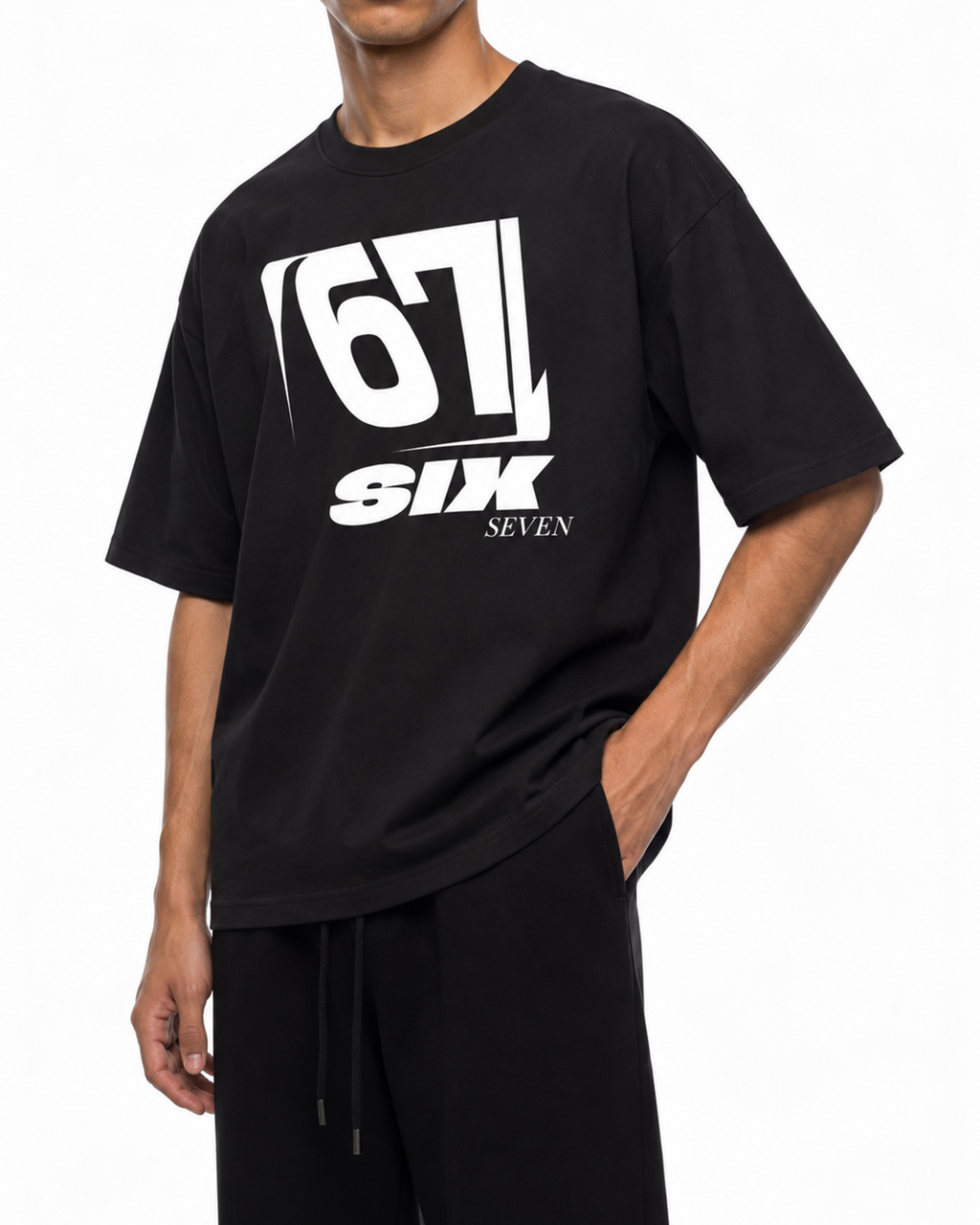 Black Belarté Six Seven T-shirt with white number graphic, angled view on a model