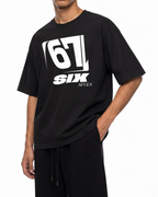 Black Belarté Six Seven T-shirt with white number graphic, angled view on a model