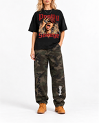 Belarté Grunge Punk T-shirt styled with camouflage trousers, full outfit view