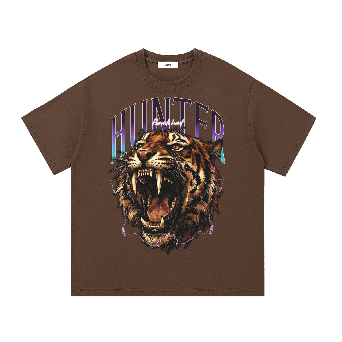 Kaffeebraunes Hunter Tiger T-Shirt mit Tigermotiv, Vorderansicht.