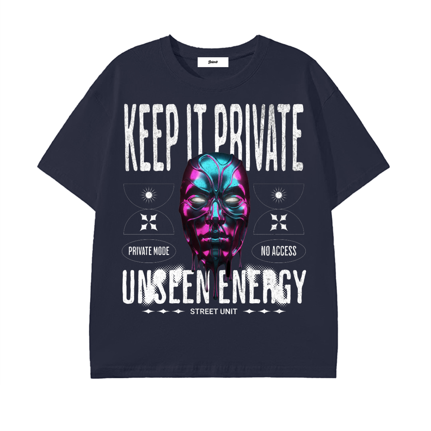 chrome mask shirt,keep it private shirt,metallic mask graphic,neon chrome art tee,privacy streetwear,private mode shirt,low profile street style,cyber street shirt,street unit clothing,unseen energy tee