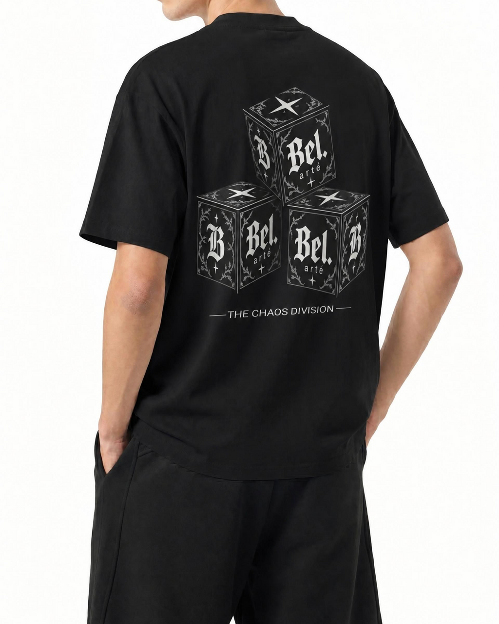 Belarté Chaos Cubes black cotton T-shirt, back view on model with three gothic cubes