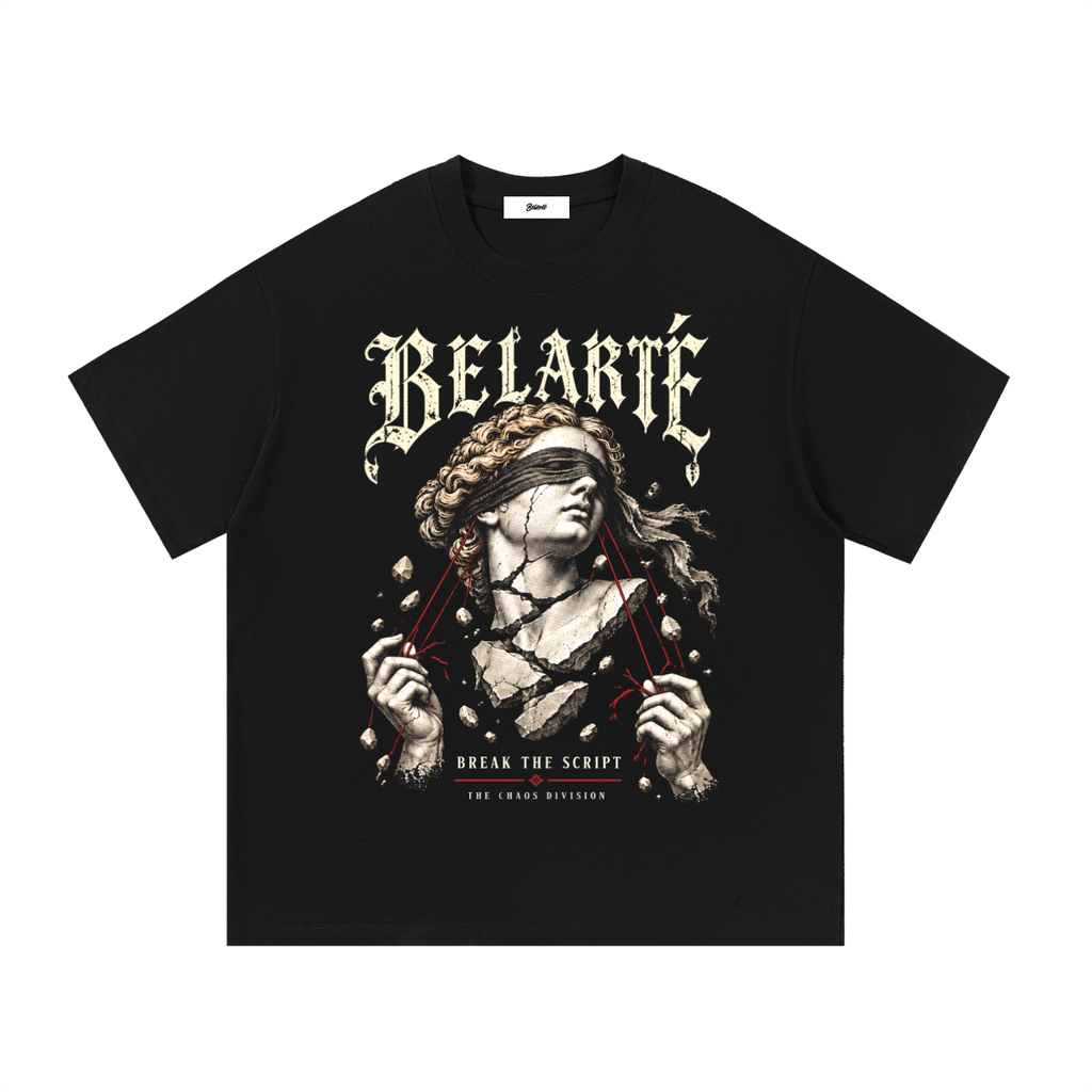 Belarté Break the Script: T-shirt noir avec buste fissuré aux yeux bandés, fils rouges et logo gothique, vue de face