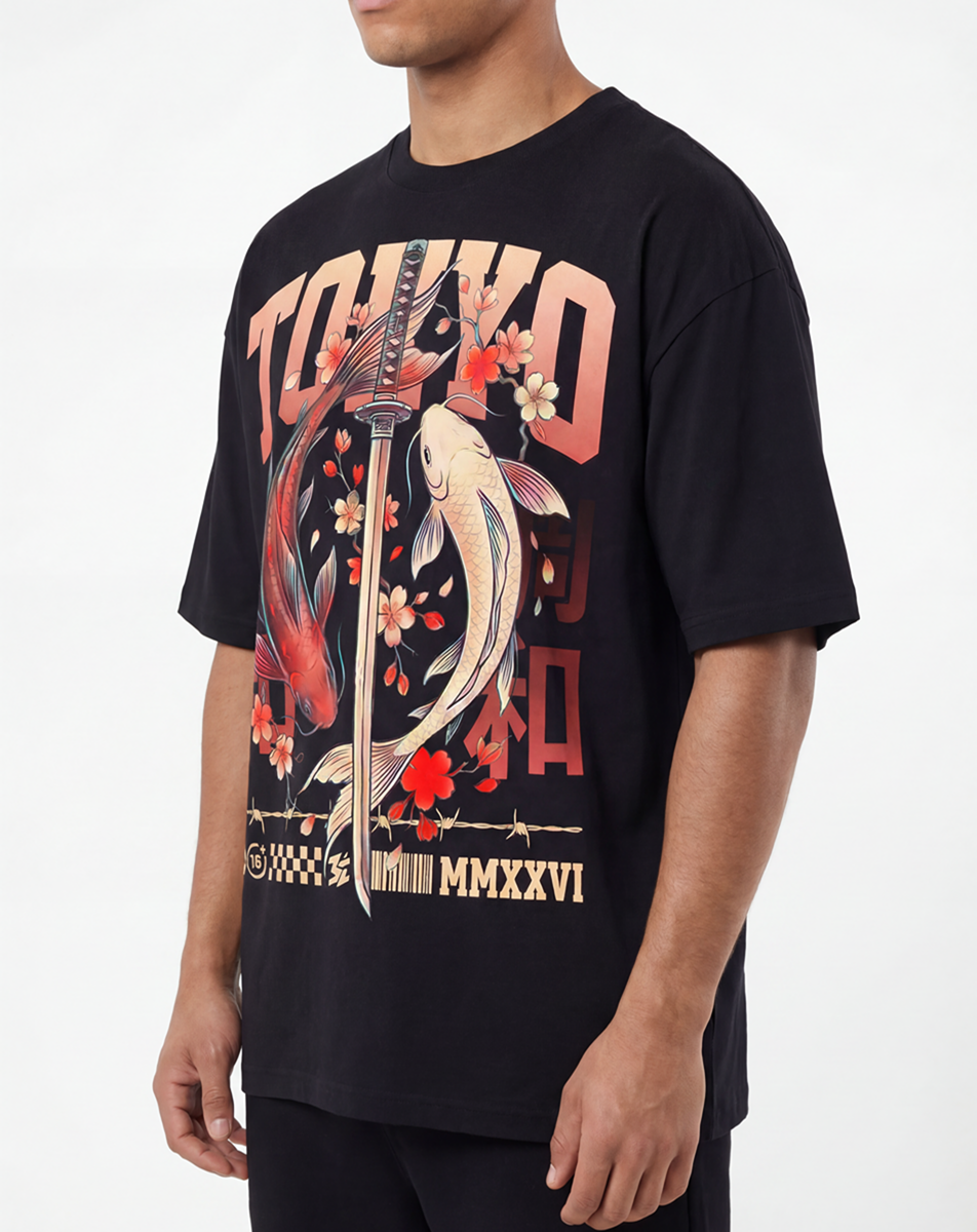 tokyo koi samurai,koi fish art,japanese streetwear,samurai sword art,yin yang koi,japanese aesthetic,asian art design,koi fish shirt,streetwear graphic,modern japan art