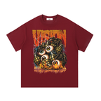 Wine red Belarté Vision T-shirt with eye, grenade and flame graphic, front view