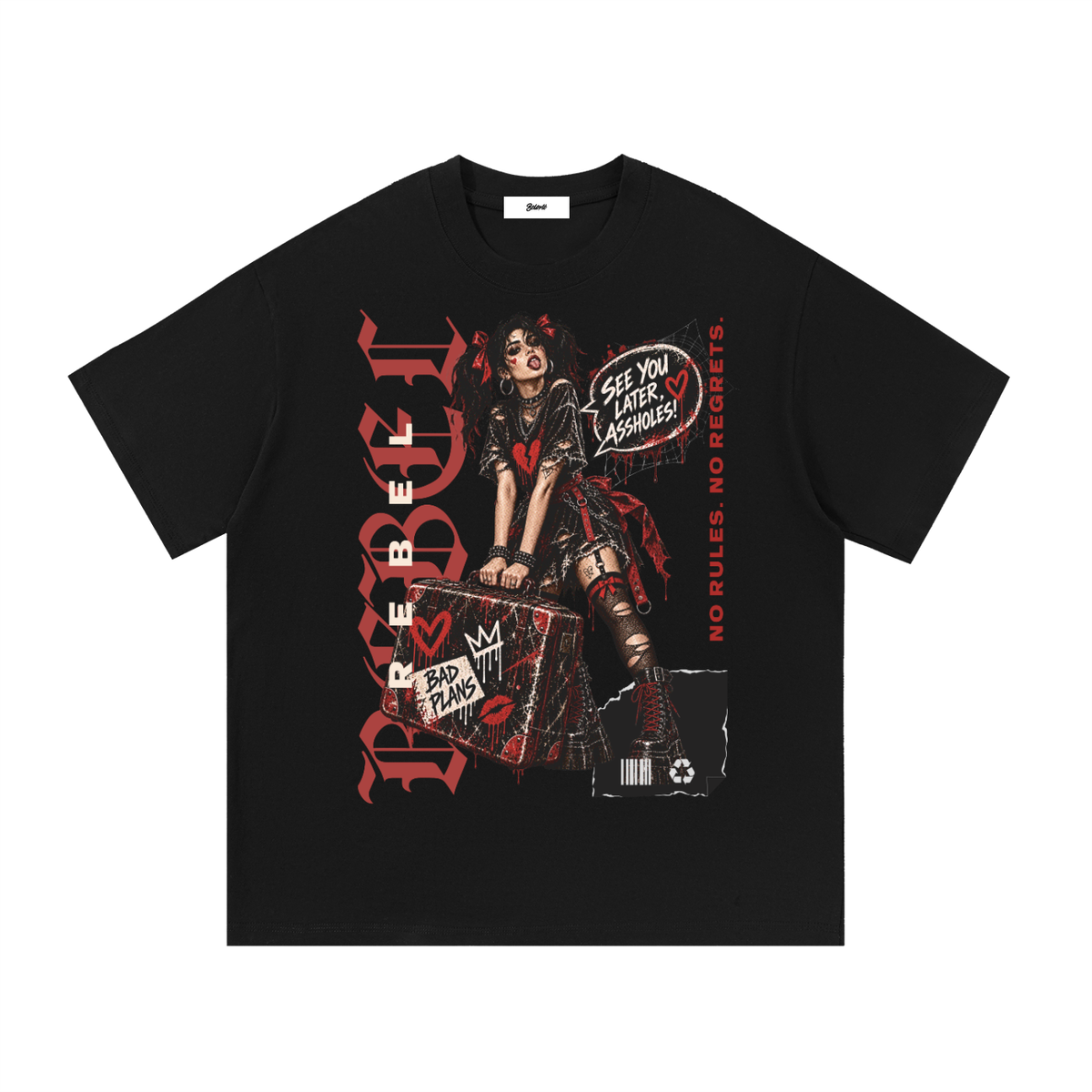Belarté No Regrets black graphic T-shirt, front view with red and cream rebel artwork