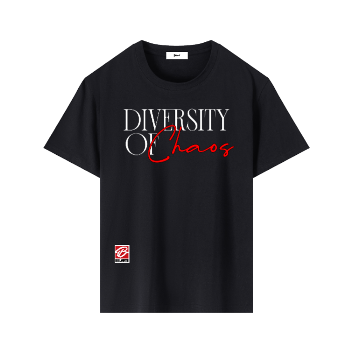diversity of chaos,streetwear graphic design,minimalist typography art,urban fashion print,modern slogan design,red script lettering,black aesthetic style,contemporary street fashion,motivational quote art,fashion typography graphic