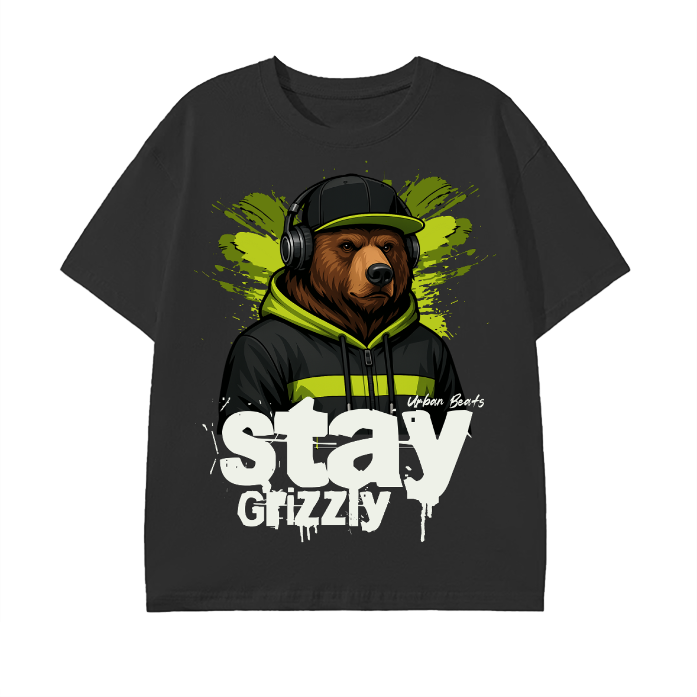 grizzly bear,streetwear,urban beats,hip hop style,cool bear,rap fashion,neon green,music lover