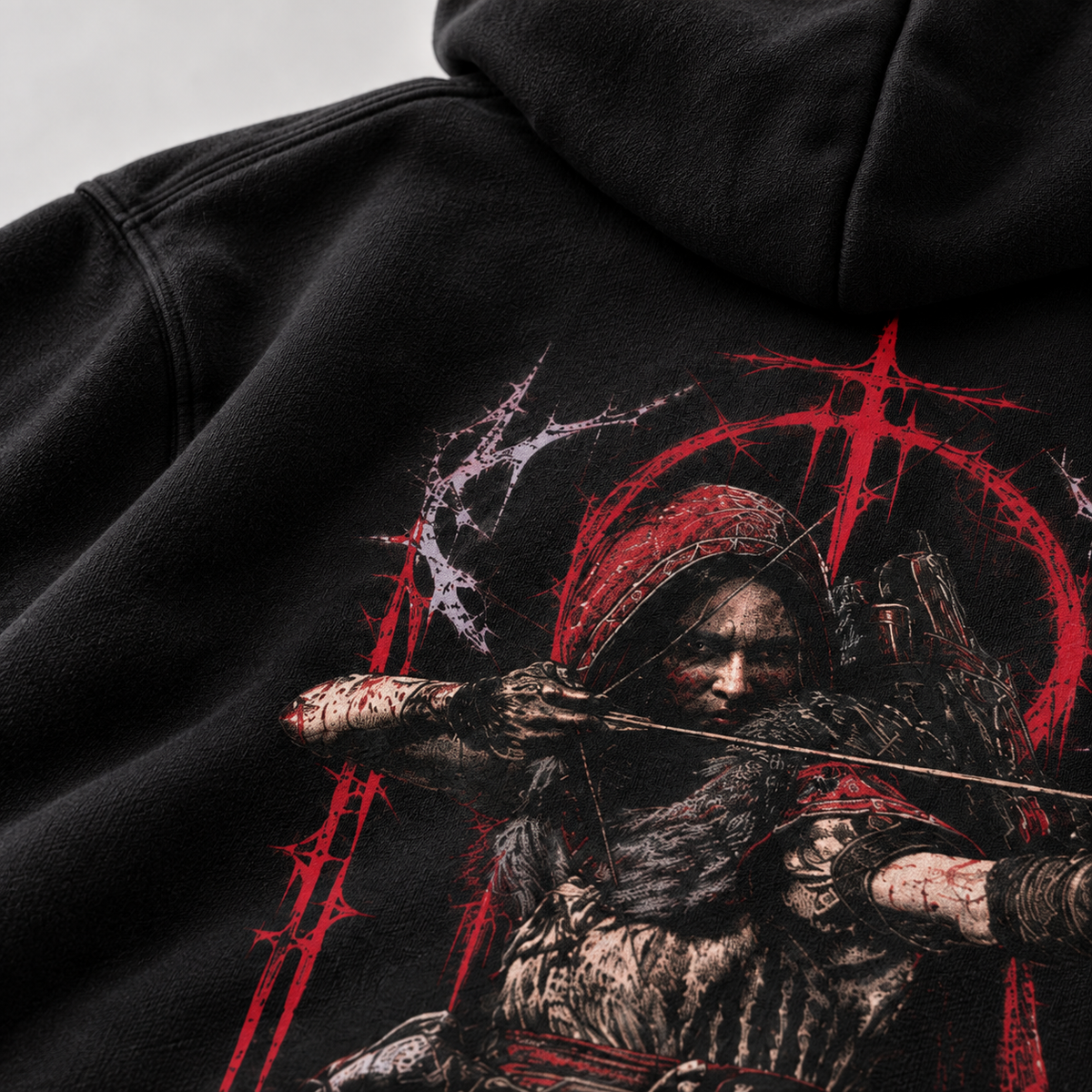 Belarté Dark Archer Graphic Zip Hoodie in black — DTG print close-up