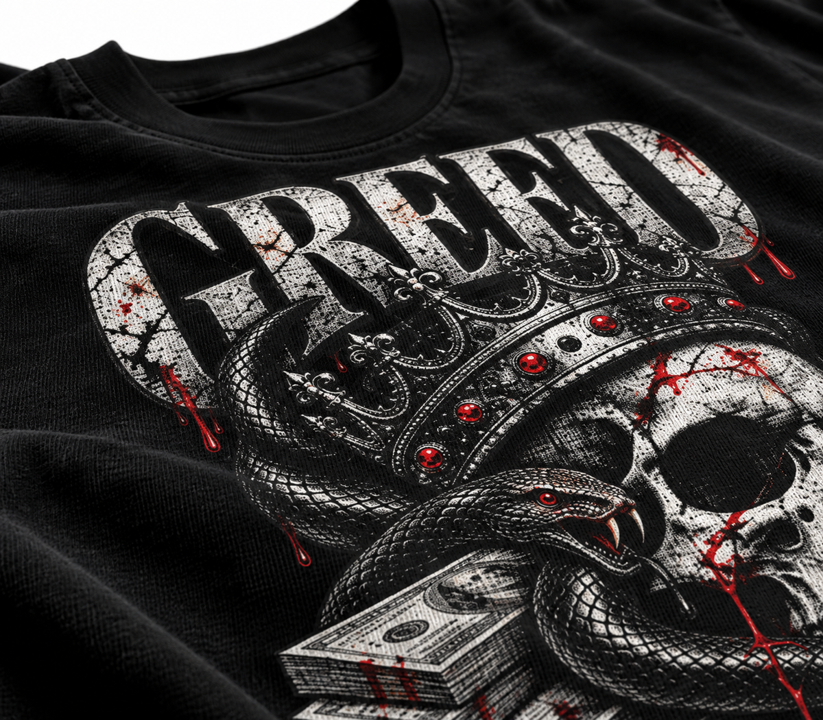 Belarté Greed Never Enough Graphic T-Shirt - DTG print and 260 GSM cotton close-up