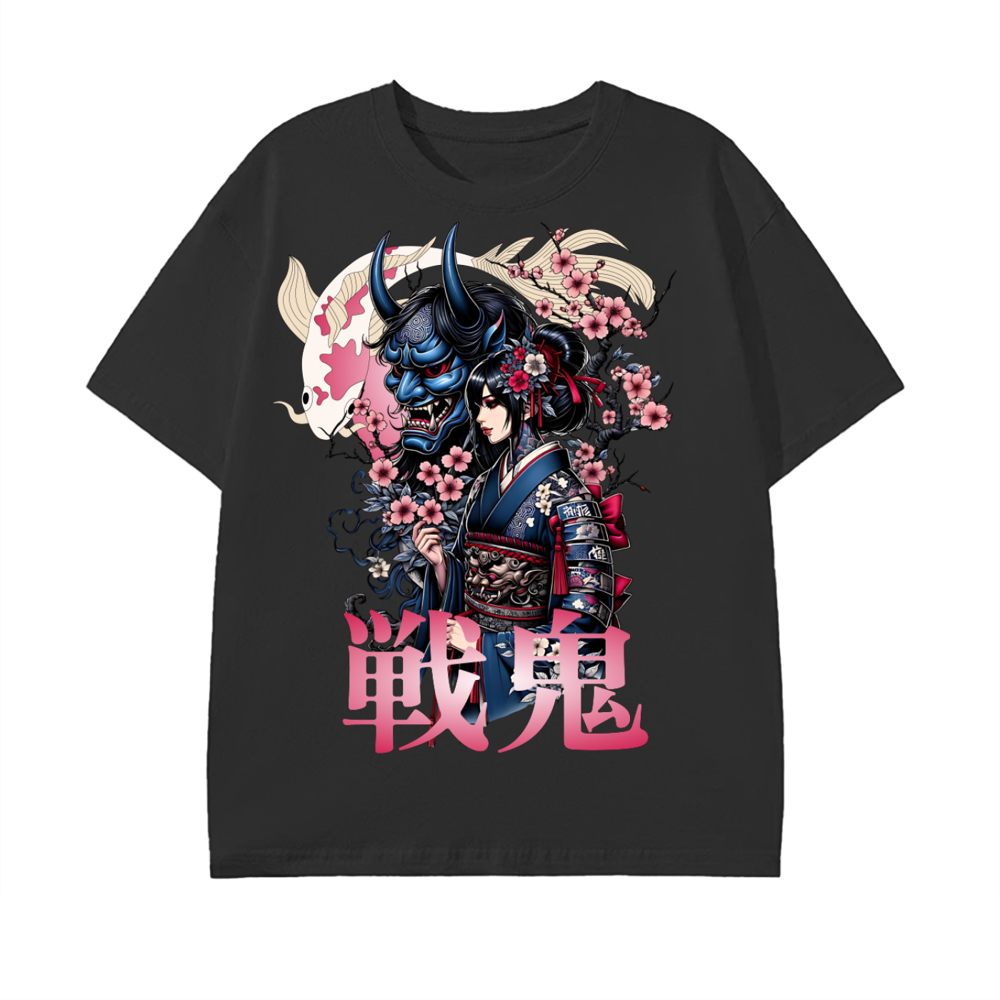 war demon,samurai,oni japan,cherry blossoms,kimono,dark art,female warrior,japanese mask