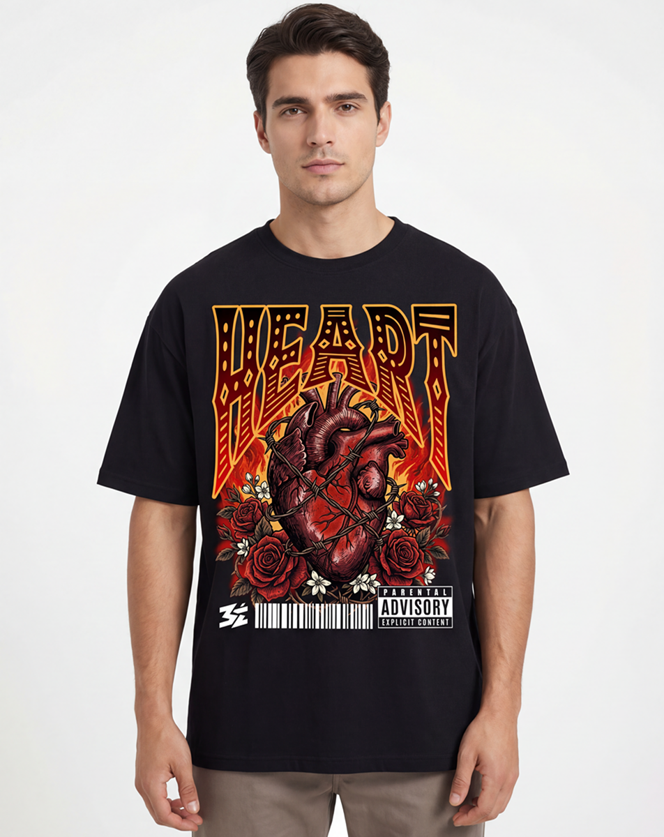 burning heart graphic,burning heart,anatomical heart,flaming heart,barbed wire heart,tattoo style heart,gothic heart design,dark streetwear graphic,rose heart illustration,rock style artwork