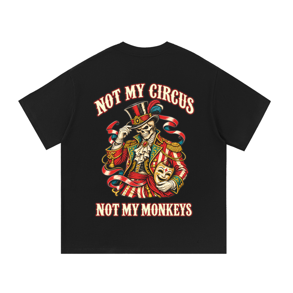 T-shirt Belarté Not My Circus, schwarz, Rückseite mit Skelett-Zirkusdirektor
