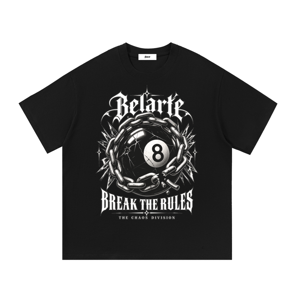 Belarté Break the Rules black 8 ball graphic cotton T-shirt, front view
