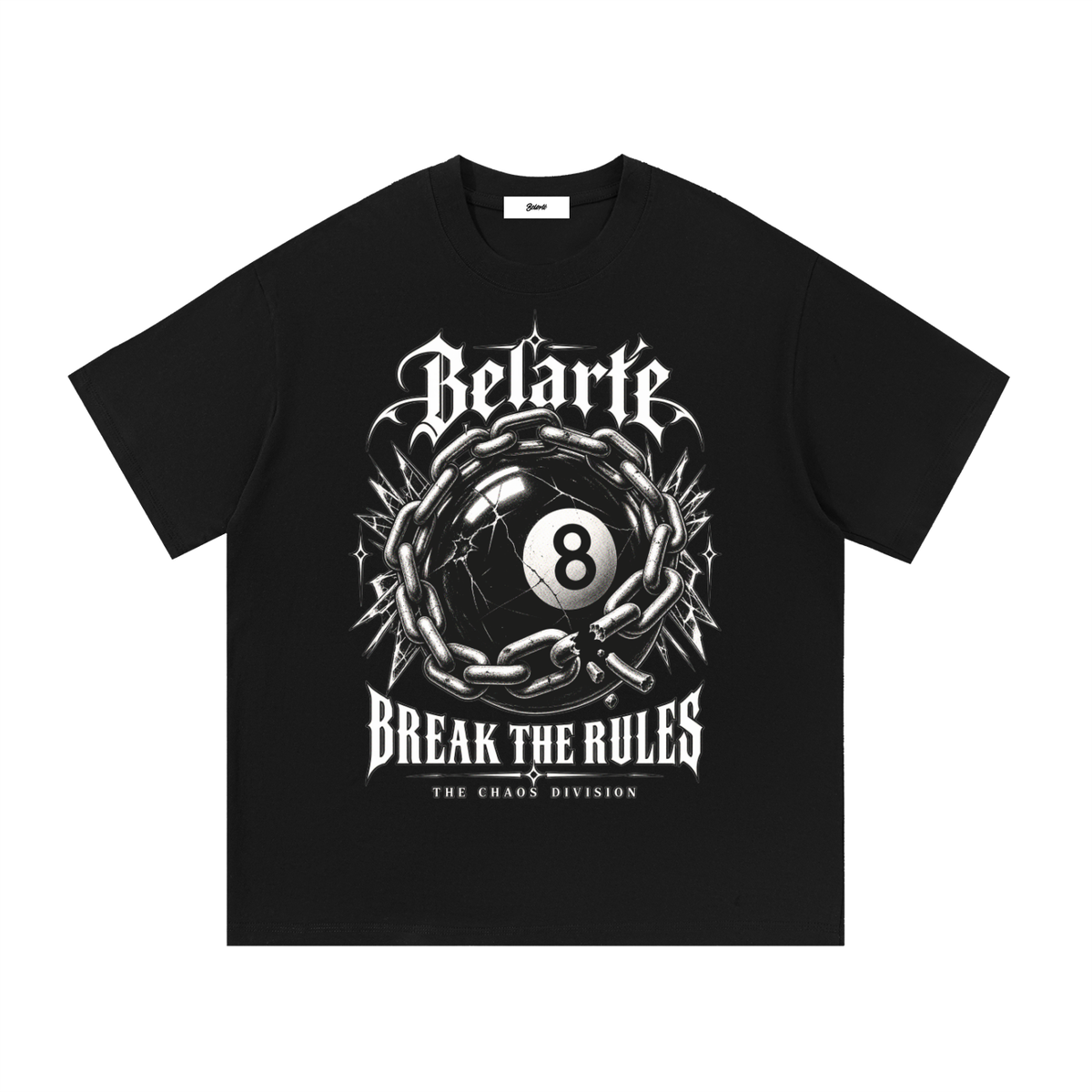 Belarté Break the Rules black 8 ball graphic cotton T-shirt, front view